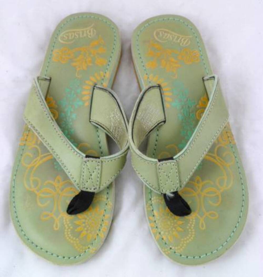 BRISAS SASSAFRASS USED WOM'S 7 GREEN LEATHER SLIDES/SANDALS/FLIP FLOPS/THONGS